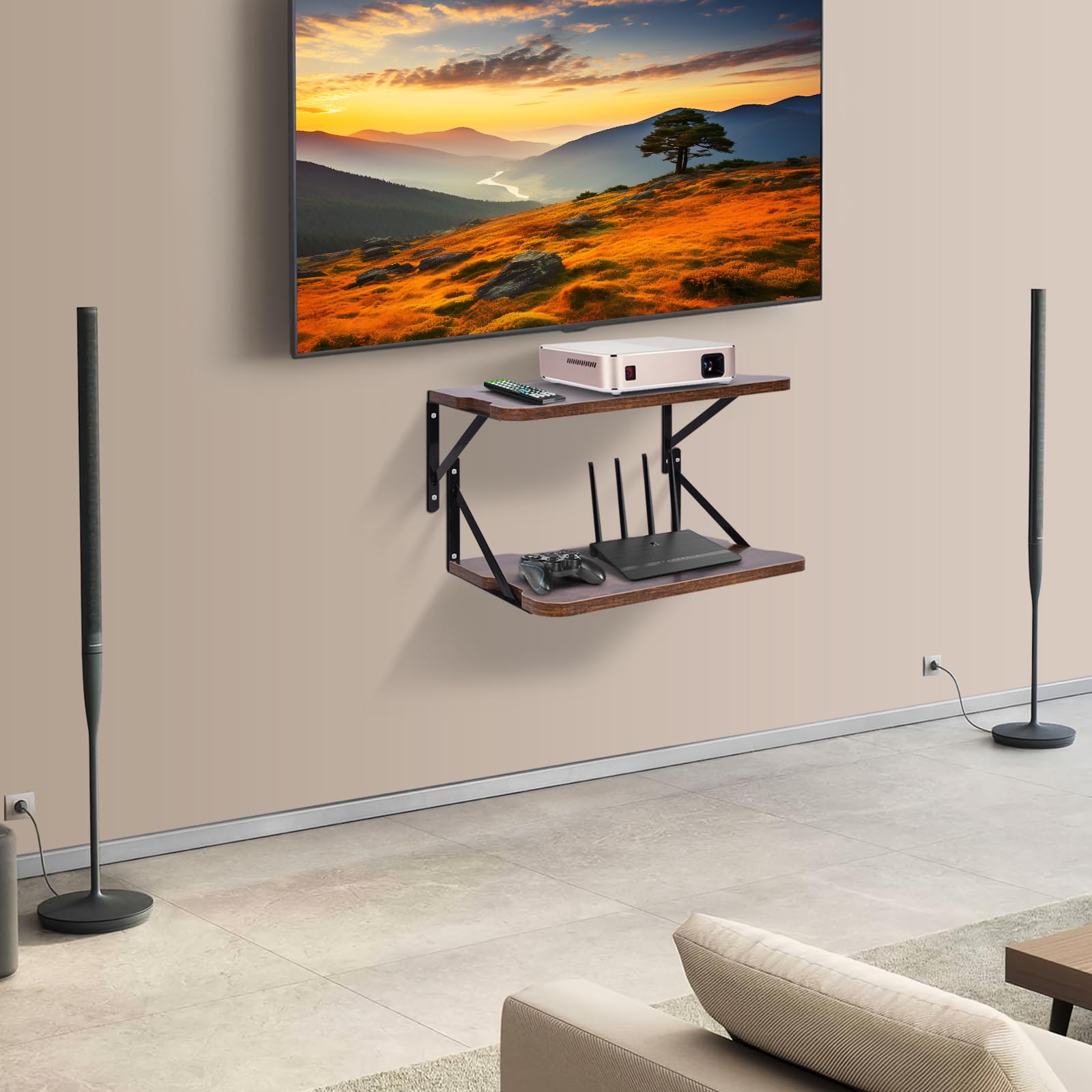 Mensola per proiettore, 41,1 x 27,9 cm (lunghezza x larghezza), mensola galleggiante, supporto per router e modem, montaggio a parete, in legno e metallo, 1 ripiano, stile retrò, resistente