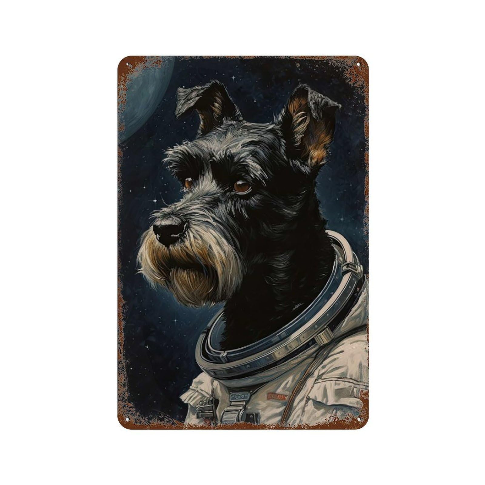 Rust Effect Schnauzer The Astronaut Retro Metal Sign 11.8"x7.9", Classic Wall Plaque for Cafe, Home Bar And Lounge Decor