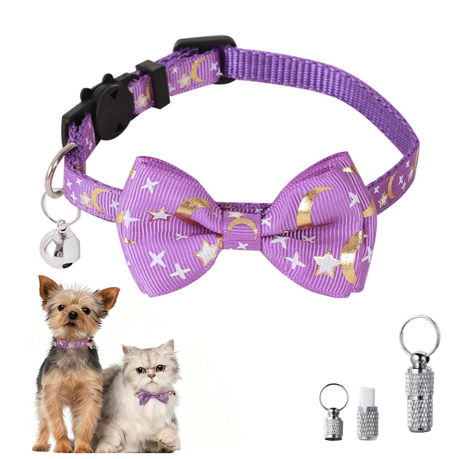 VPbao Cat Collars with Bow Tie, Bell and Name Tags, Night Theme with Moon & Stars, Safe Quick Release Breakaway Buckle Adjustable Removable Bow-tie Collars For Kitten Puppy Small Purple