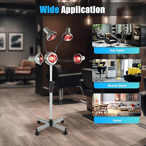Miniatura 9 de Lámpara infrarroja, 5 cabezas de pie calentador infrarrojo vaporizador de salón con base rodante, 750w 110v infrarrojo pelo colorante hierro,