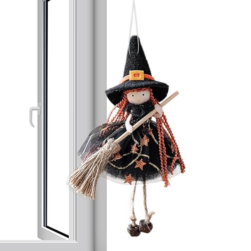 Witch Doll | Halloween Witch Doll Hangable Decoration with Broom,Figurine