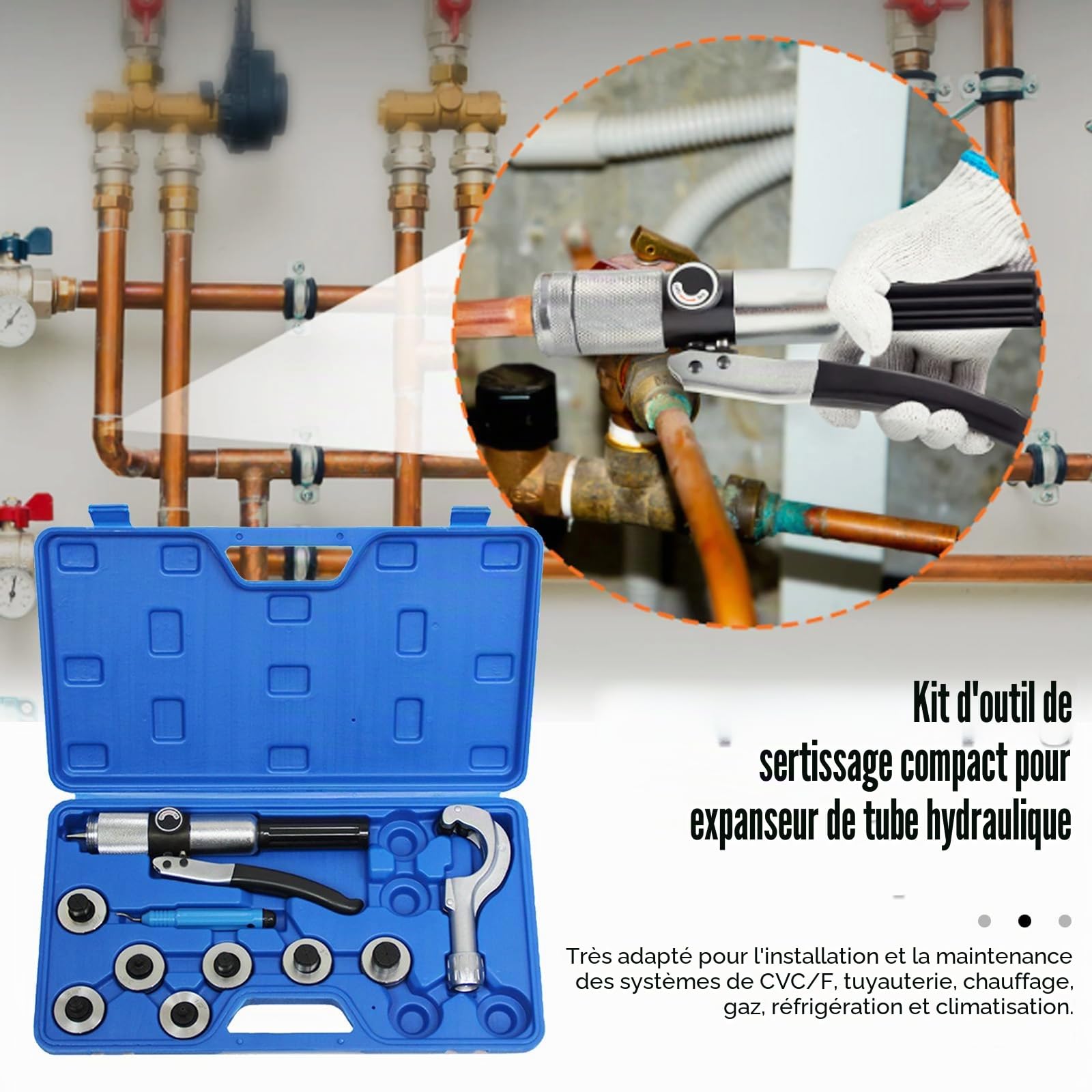 Extenseur Tube Hydraulique, Kit D'outils Sertissage Tuyau Hydraulique Avec Outil D'ébavurage Coupe-Tube Et 7 Têtes D'expansion Pour Tuyaux En Cuivre 3/8 à 1-1/8'' Outils D'extension Cvc (3/8"~1-1/8")