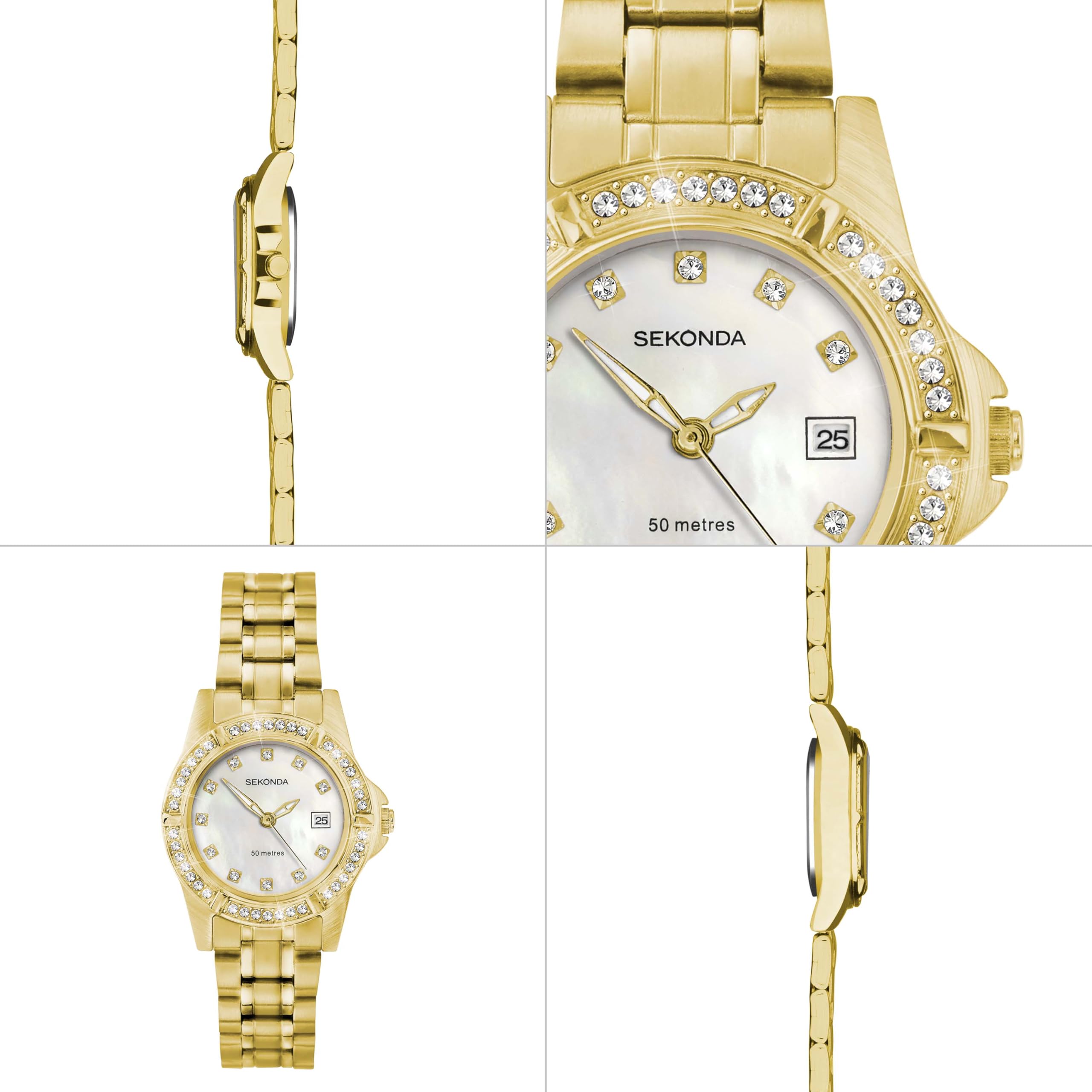 Sekonda Sienna - Reloj de Vestir para Mujer, 28 mm, con Bisel de Piedra, Resistente al Agua hasta 50 m, con Ventana de Fecha