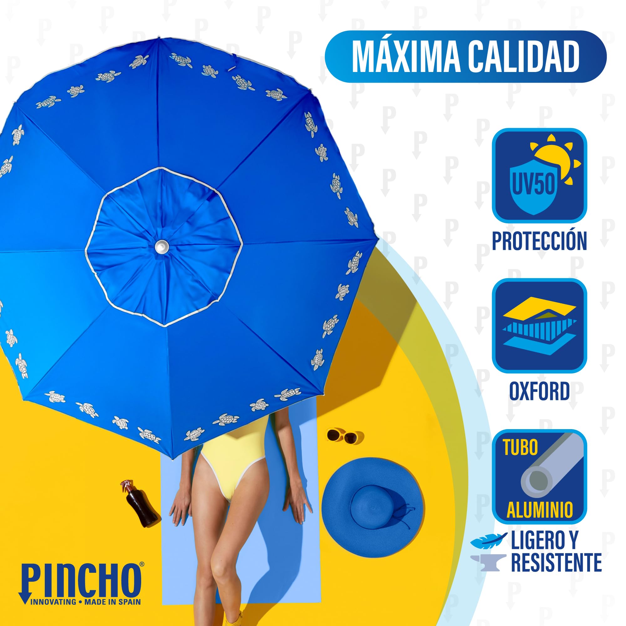 Pincho Ombrellone da spiaggia grande, 200 cm, antivento fino a 35 km/h, protezione UV50+ blocca 99% raggi UV, 8 aste in fibra di vetro, tubo in alluminio leggero, reclinabile, sistema facile, borsa