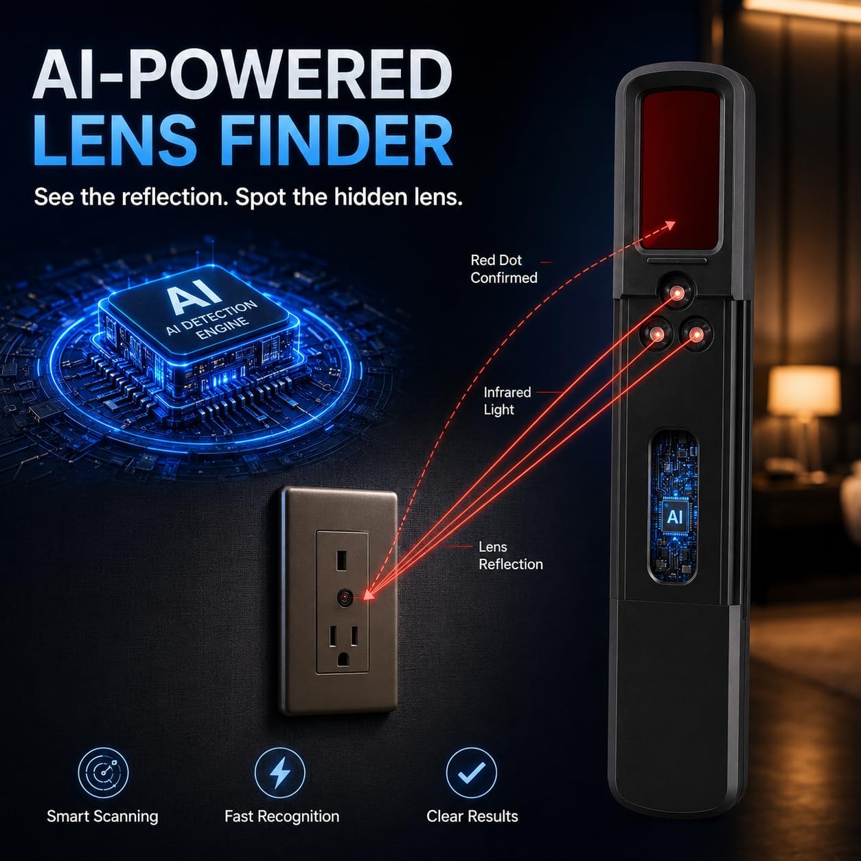 AI Powered Hidden Camera Detectors, with LED Flashlight - Black