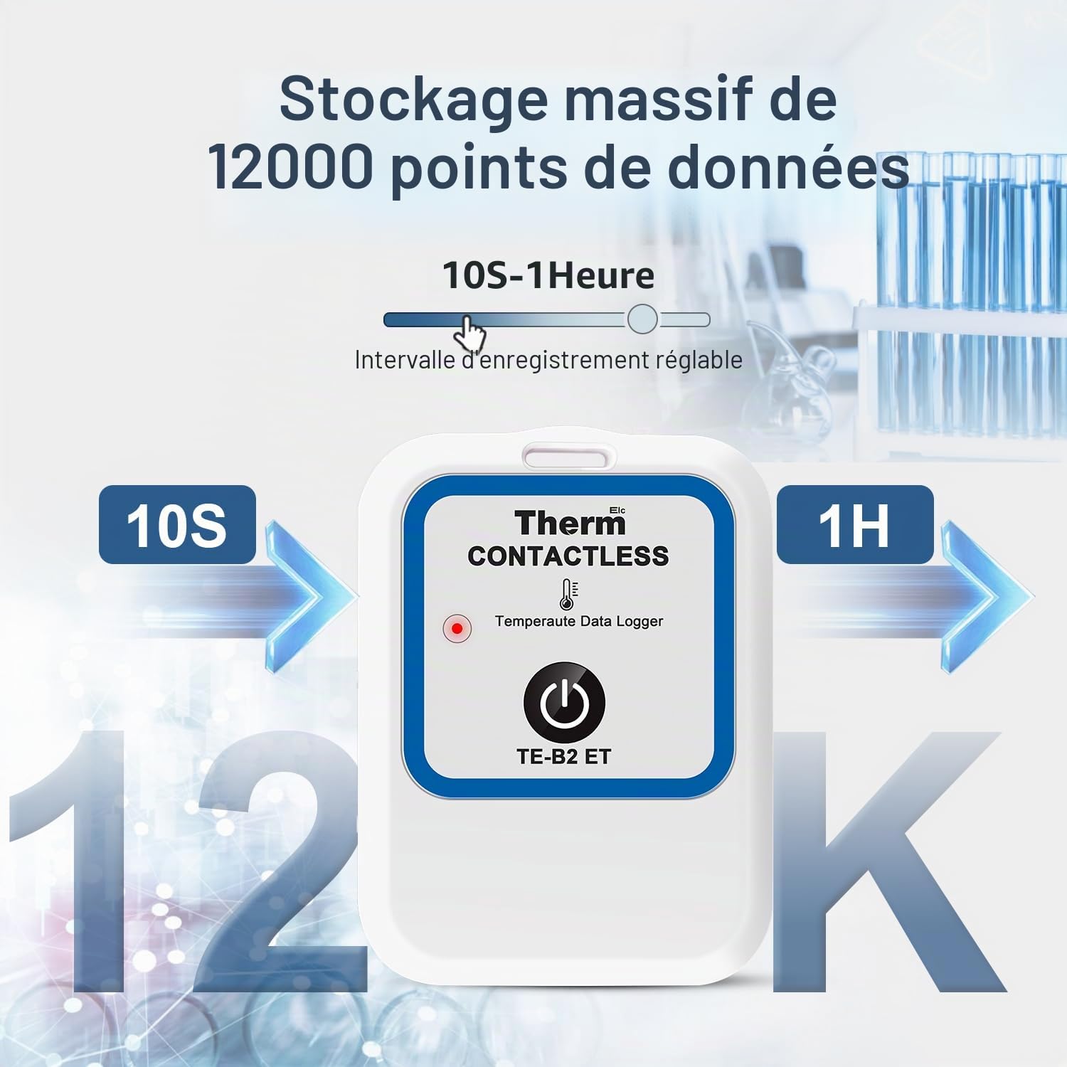 ThermElc TE-B2 Enregistreur de température sans fil pour vaccins, conforme à la norme EN12830, moniteur pour réfrigérateur de pharmacie avec calcul MKT, réutilisable, rapports PDF sans contact