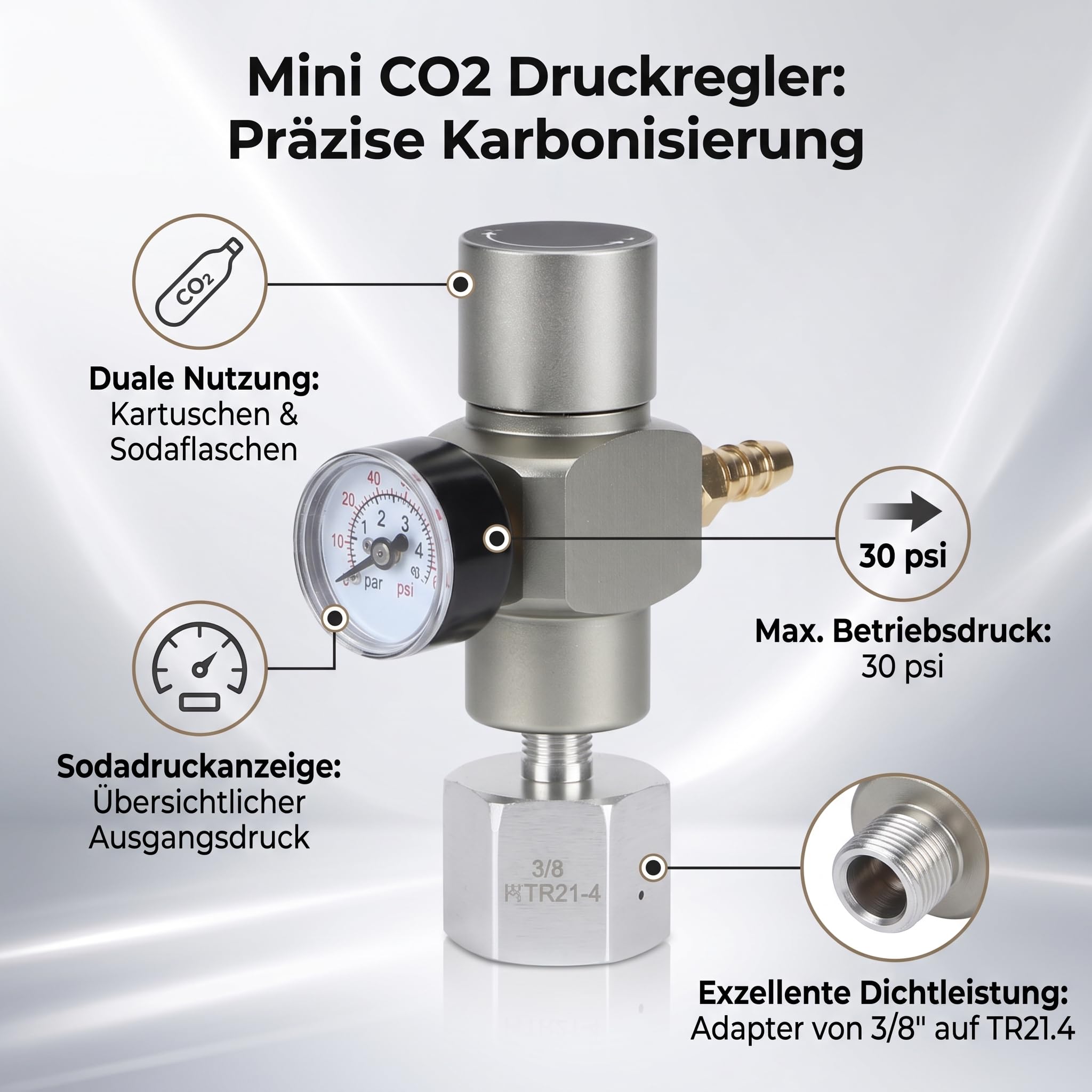 Zerone CO2-Fassladeregler, 2-in-1-Mini-CO2-Gasregler, Soda-Manometer mit Adapter 3/8 Zoll auf TR21.4 für