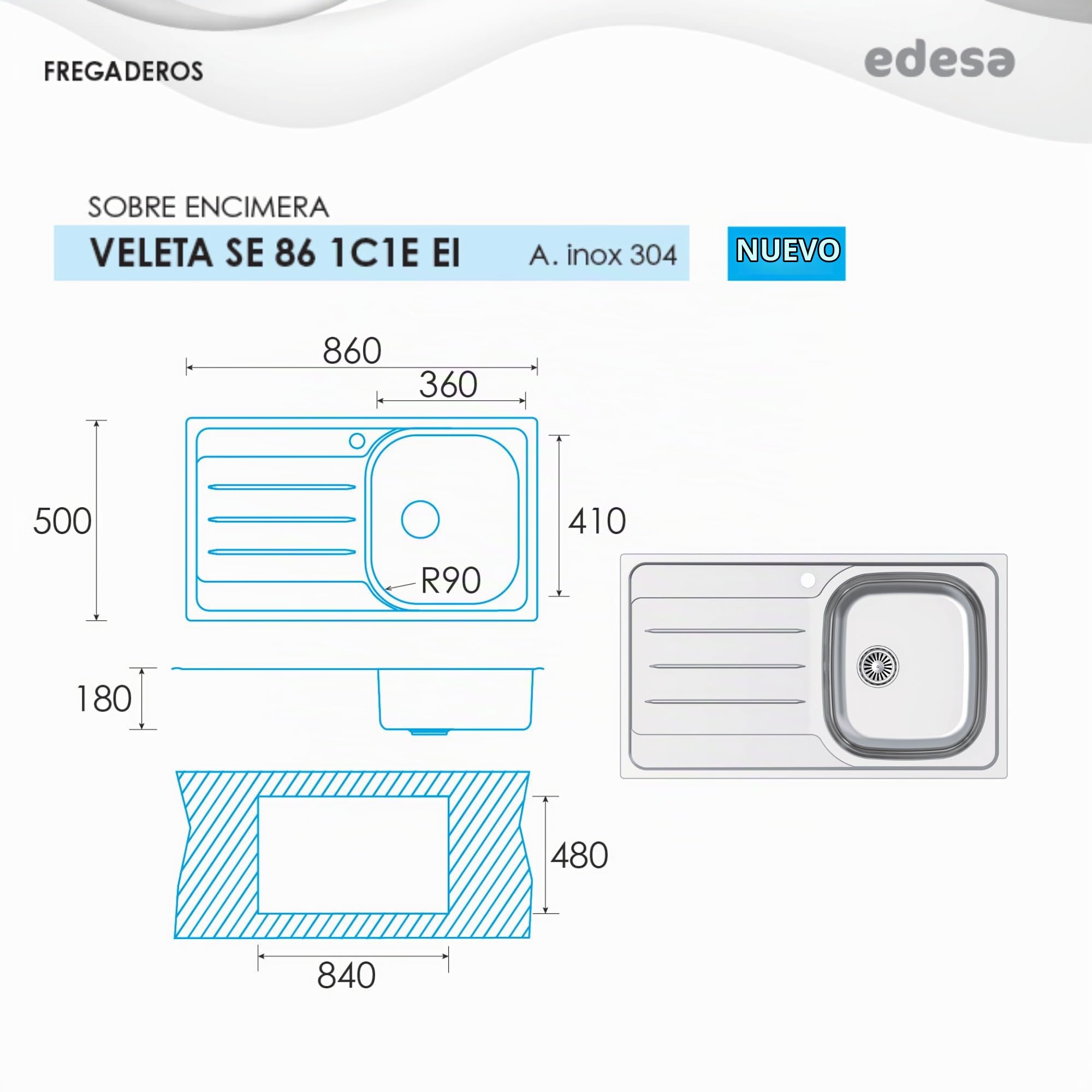 Edesa Fregadero Cocina Escurridor Izquierda 1 Seno VELETA SE 86x50 cm Sobre Encimera Profundidad 18cm Base Fonoabsorbente Instalación en Mueble de 50 cm Accesorios Incluidos Color Gris A. Inoxidable