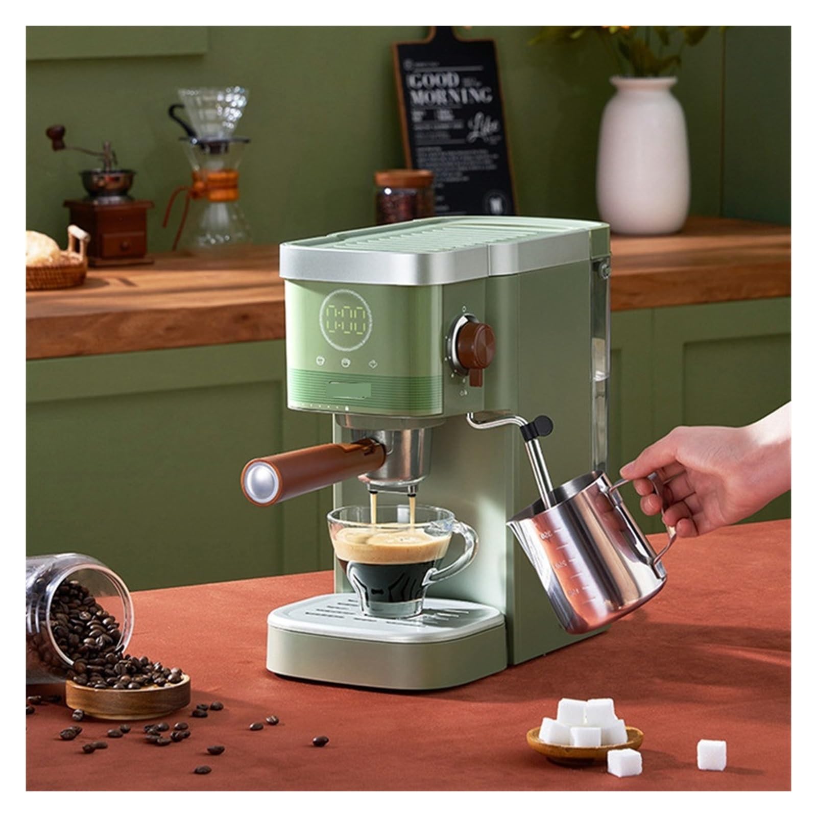Cafetera semiautomática de 220 V con Bomba presión, cápsula Italiana, vaporizador Leche y Burbujas.