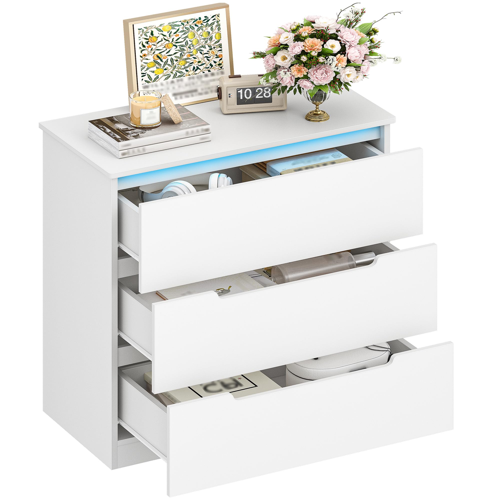 Hzuaneri Kommode, Mit LED-Beleuchtung, Kommode mit 3 Schubladen, Spind mit Beleuchtung, Moderner Stil, Geeignet für Wohnzimmer und Schlafzimmer, 40 x 70 x 80 cm, Weiß DC01303XEU