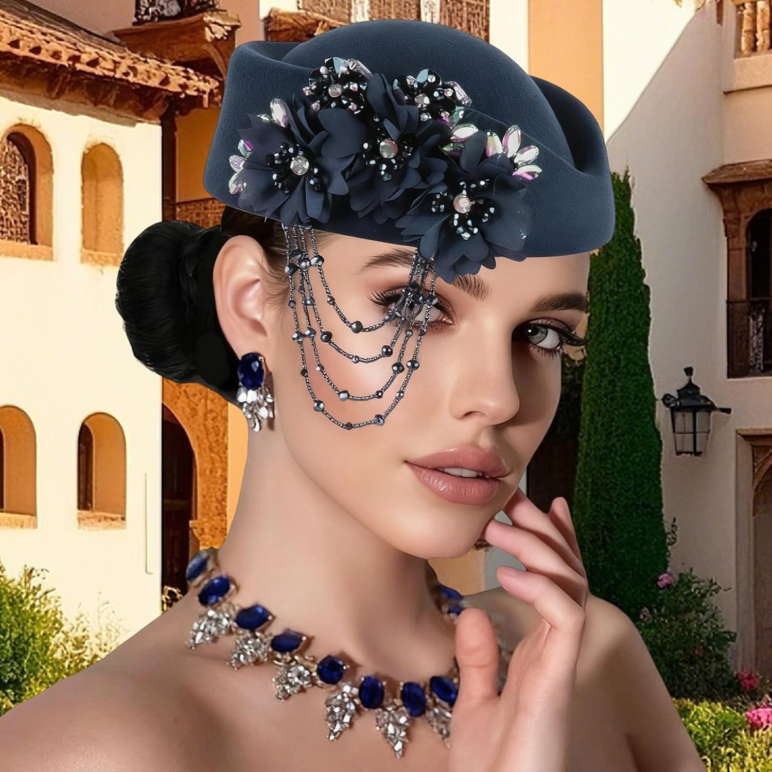 Church Hats for Women, Vintage British Felt Pillbox Diamond Flower Applique Fedoras Fascinator Tea Party Hat