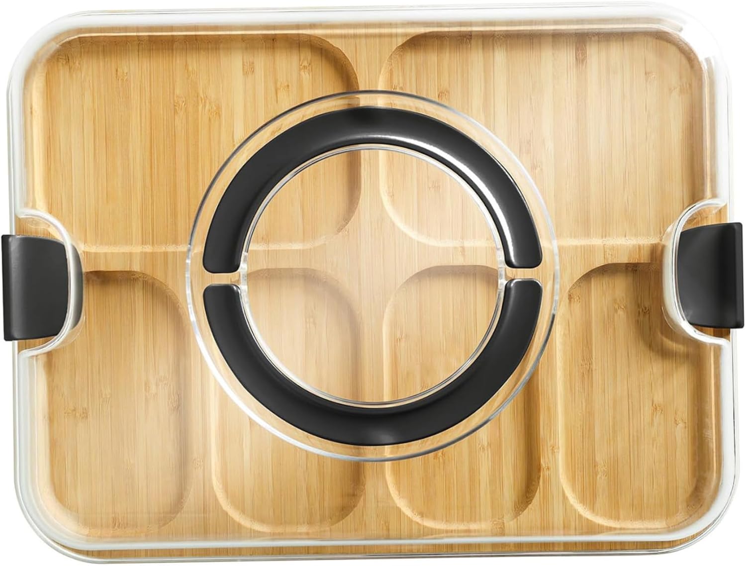 Charcuterie Board with Lid, 41.9x33cm Bamboo Charcuterie Boards with Clear Lid Handle, 6 Compartments Serving Tray, Portable Cheese Boards for Kitchen Food Snack
