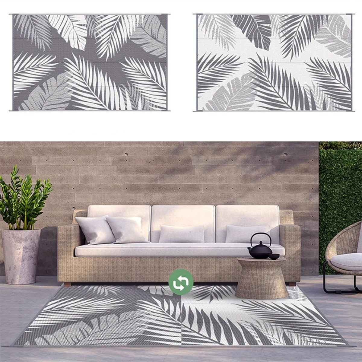 Hiseng Tapis d'extérieur Imperméable Terrasse Balcon, Tapis Réversible à Motif Feuilles Modernes en Plastique Résistant aux Intempéries aux UV, pour Jardin, Camping, Pique-Nique (Gris,183x274cm)