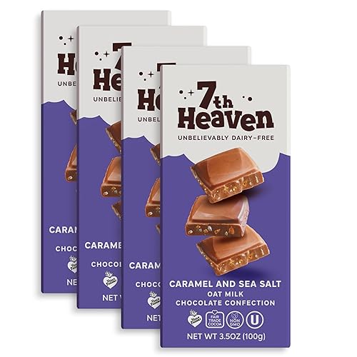 7th Heaven, Barras veganas de chocolate con leche de avena: caramelo y sal marina, (3.5 onzas, paquete de 4), chocolate saludable, regalo perfecto