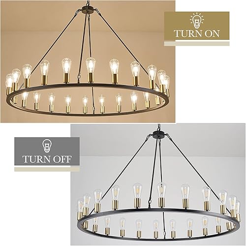 Miniatura 6 de Candelabros modernos de granja negros y dorados, lámpara industrial de 24 luces, lámpara de araña rústica redonda para comedor, isla de cocina, sala