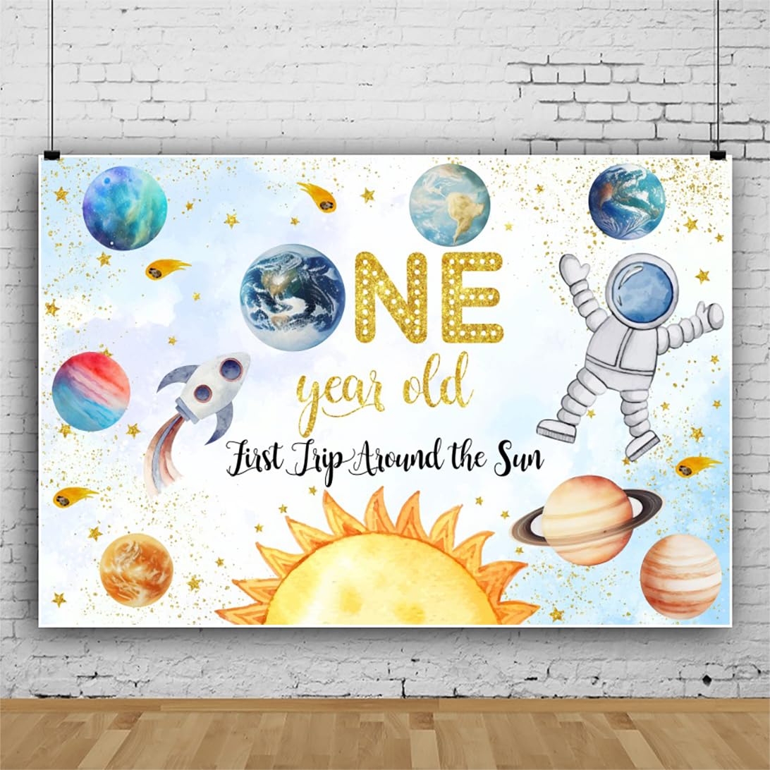 Bovlleetd First Trip Around the Sun Backdrop One Year Old Birthday Outer Space Travel Background Decorations Galaxy Theme Solar System First Birthday Party Banner Supplies 7x5ft