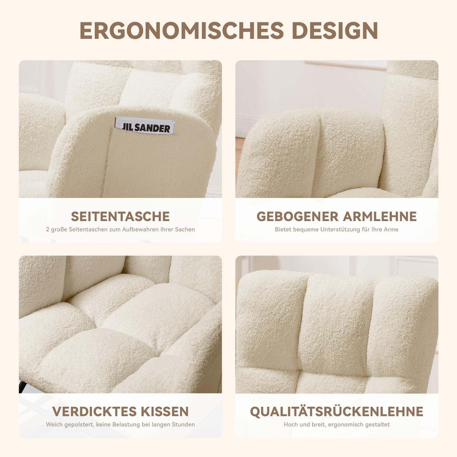 COMHOMA Schaukelstuhl, Relaxsessel mit Armlehnen, Ohrensessel aus Teddy-Plüsch Schaukelsessel, bis 150 kg belastbar, sonnenliege gartenliege für Schlafzimmer, Wohnzimmer, Stilvolles Design Beige