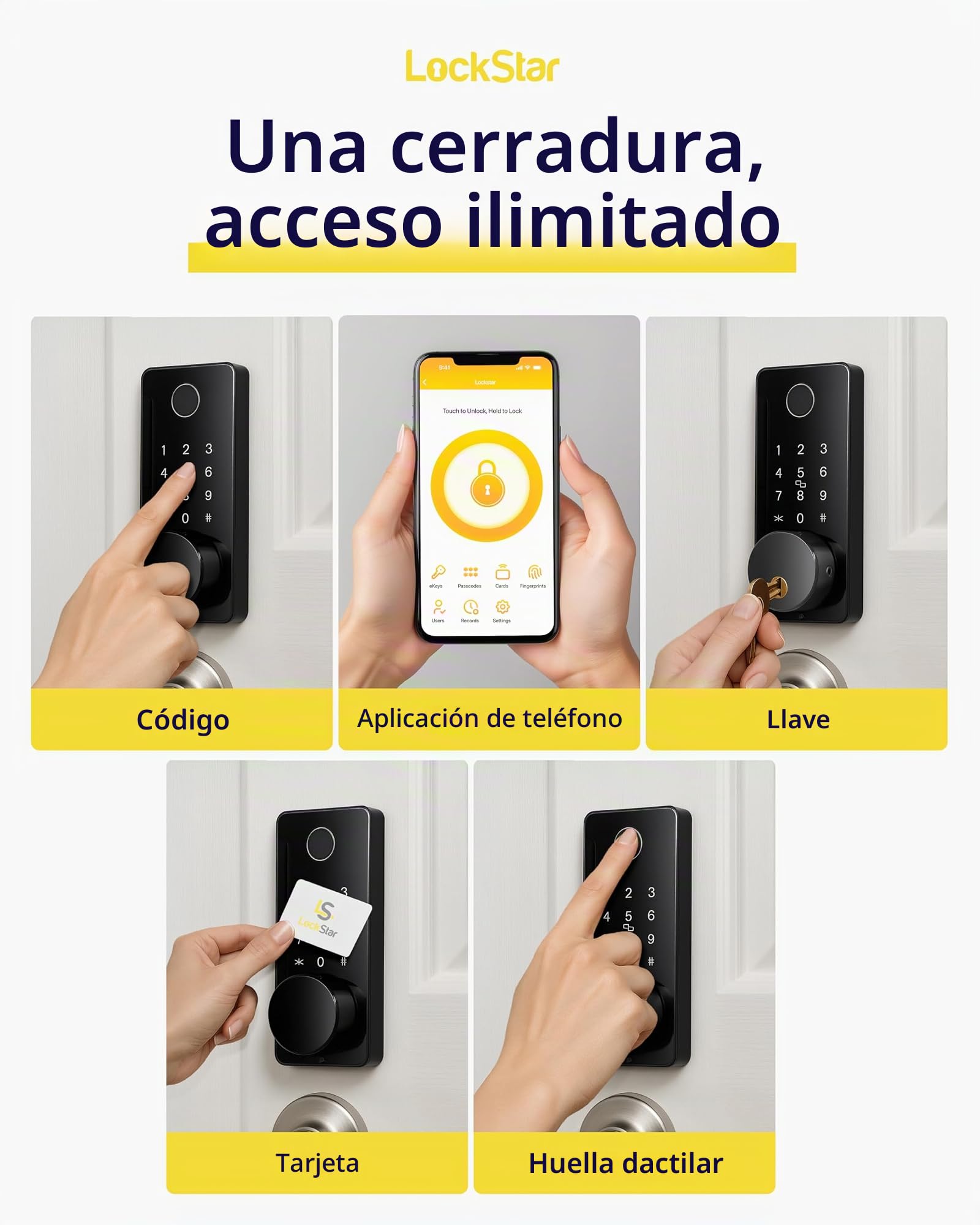 LOCKSTAR® Cerradura de puerta inteligente • Cerrojo de seguridad sin llave • Múltiples métodos de entrada - APP • ID táctil de huellas dactilares • Código de teclado • FOB • Llave tradicional •