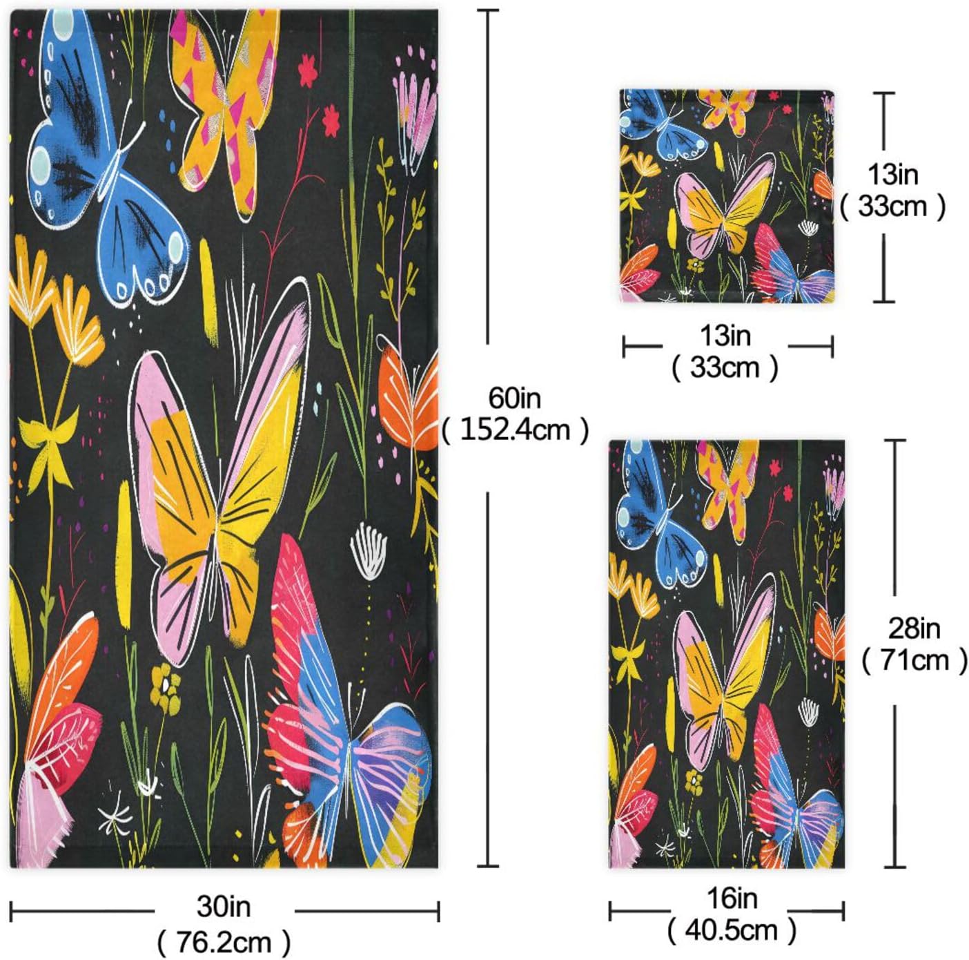 ALAZA Butterflies Bath Towel Set Luxury Decorative Set of 3, 1 Bath Towel 1 Hand Towel 1 Washcloth Soft Multipurpose for for Bathroom Hotel Gym Yoga Spa