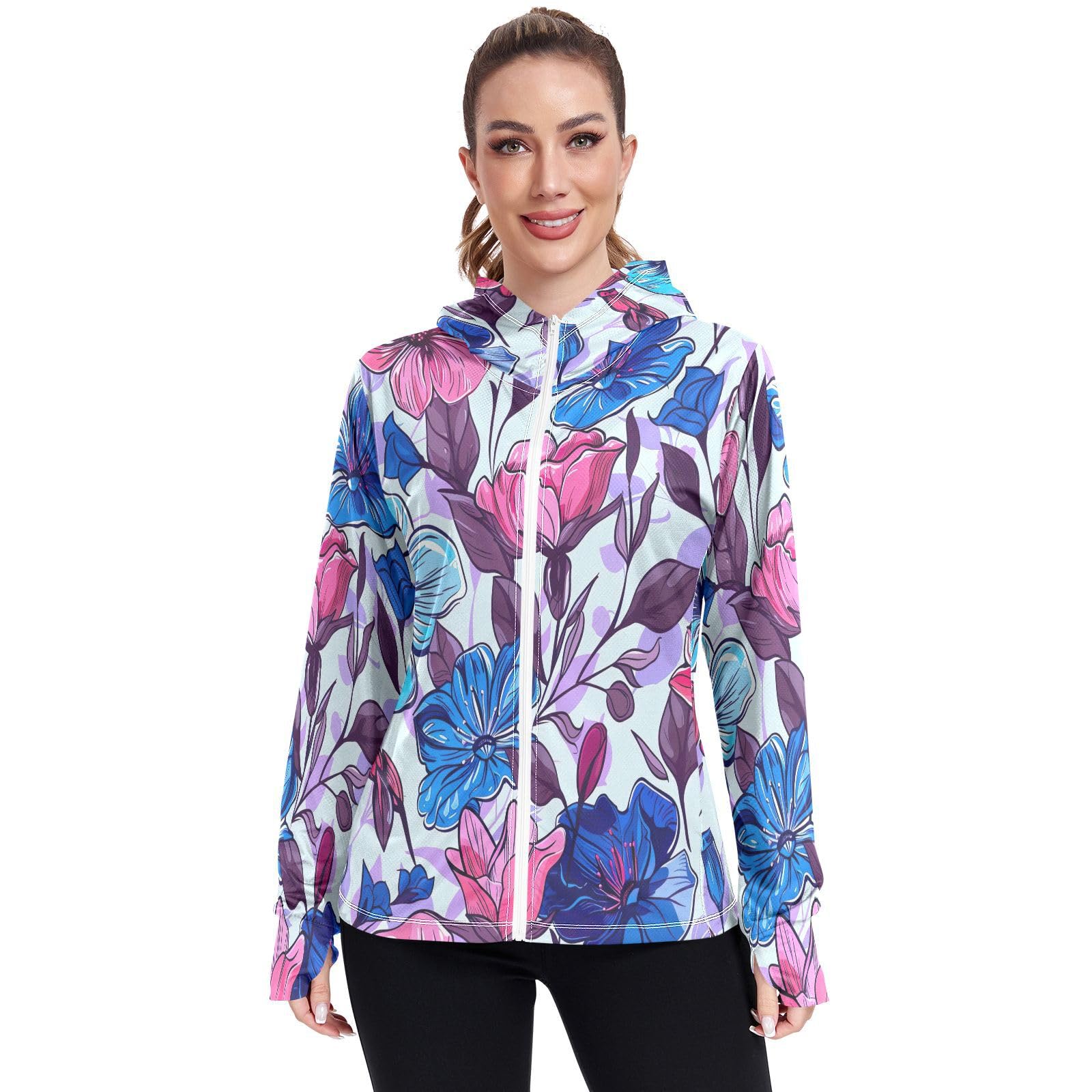 Kigai Flower Women's UPF 50+ Sun Protection Hoodie Jacket with Pocket Zip Long Sleeve Sun Shirt for Gardening Hiking Outdoor