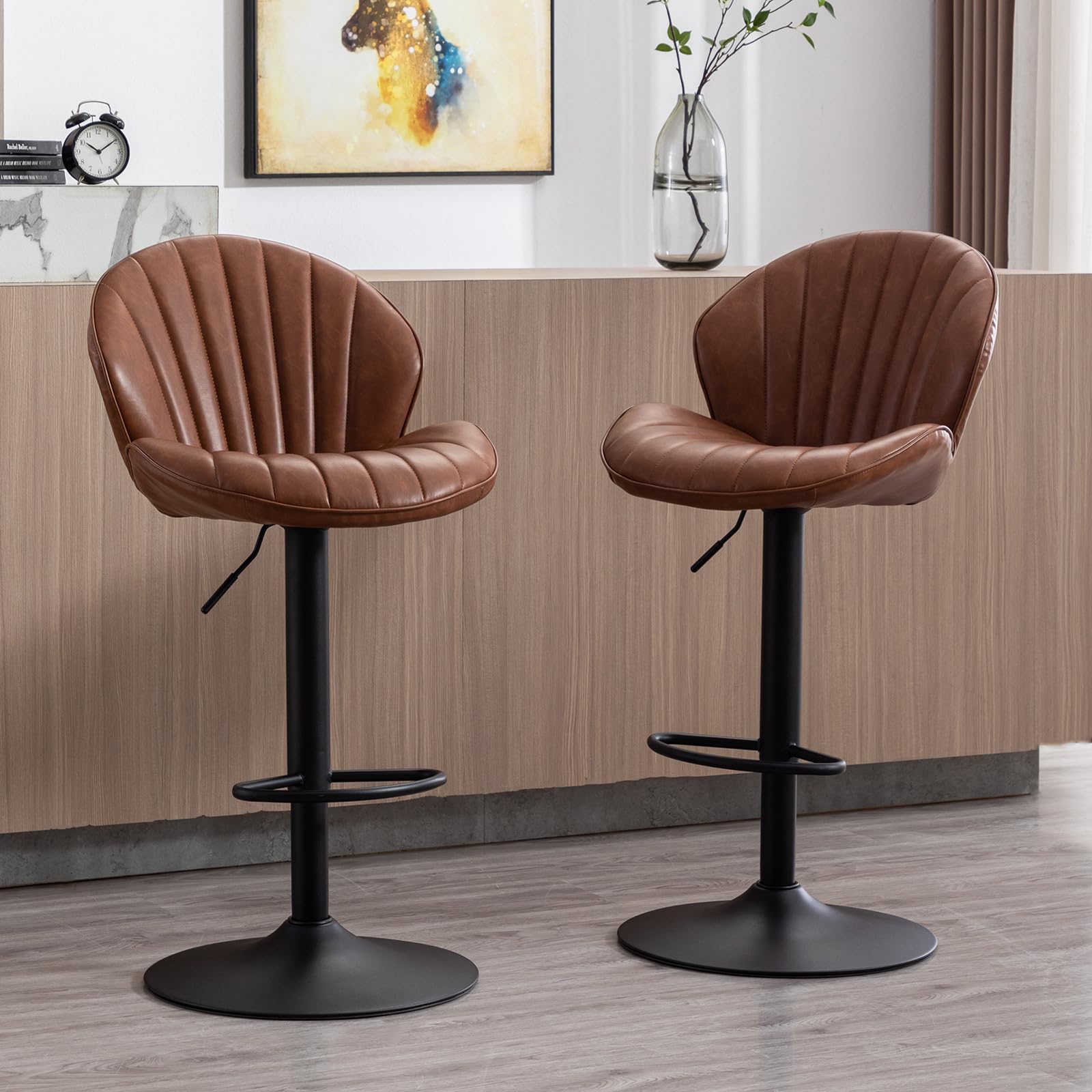 Ya-Home Bar Stools Set of 2 PU Leather Adjustable Swivel Bar Chairs Counter Stools With Backrest, Breakfast Barstools for Kitchen Island, Brown