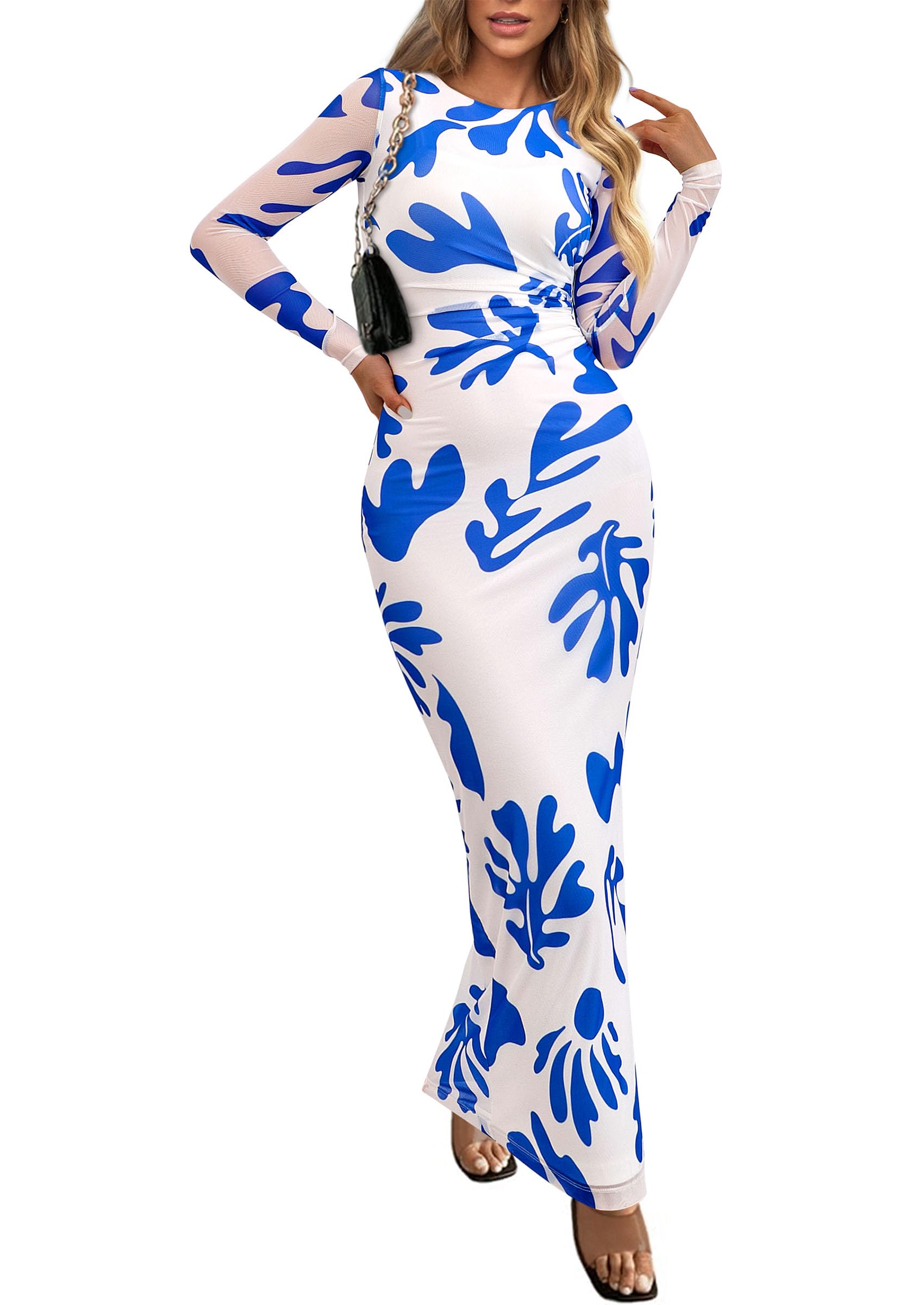 PRETTYGARDEN Women's Bodycon Maxi Dress Fall Spring Fashion Long Sleeve Floral Print Tight Fitted Party Club Ruched Dresses