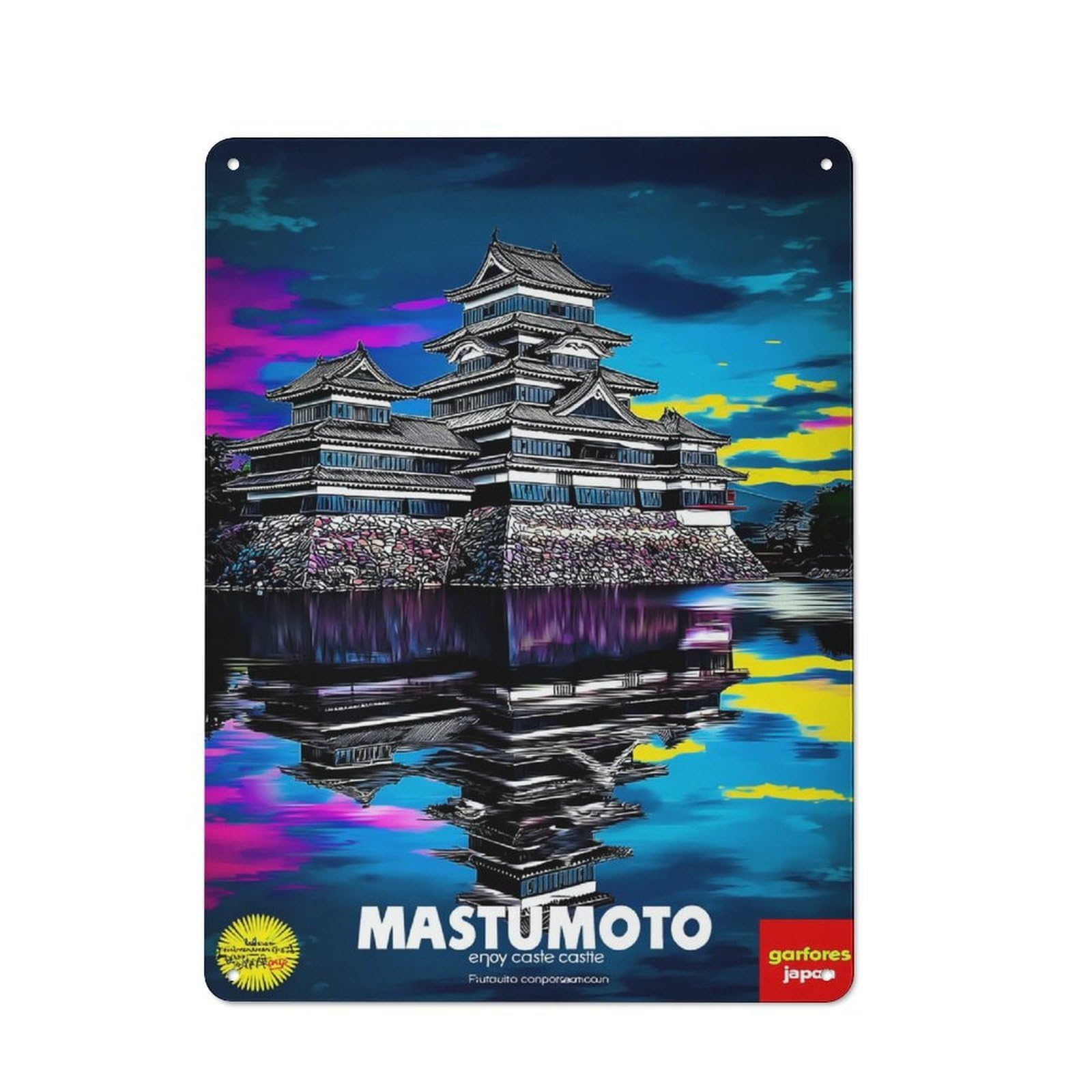 Metal Plaque with Matsumoto Castle Reflection Design 40x30cm, Cosy Diner Style Decor for Coffee Bar, Kitchen, Bistro Or Tea Corner