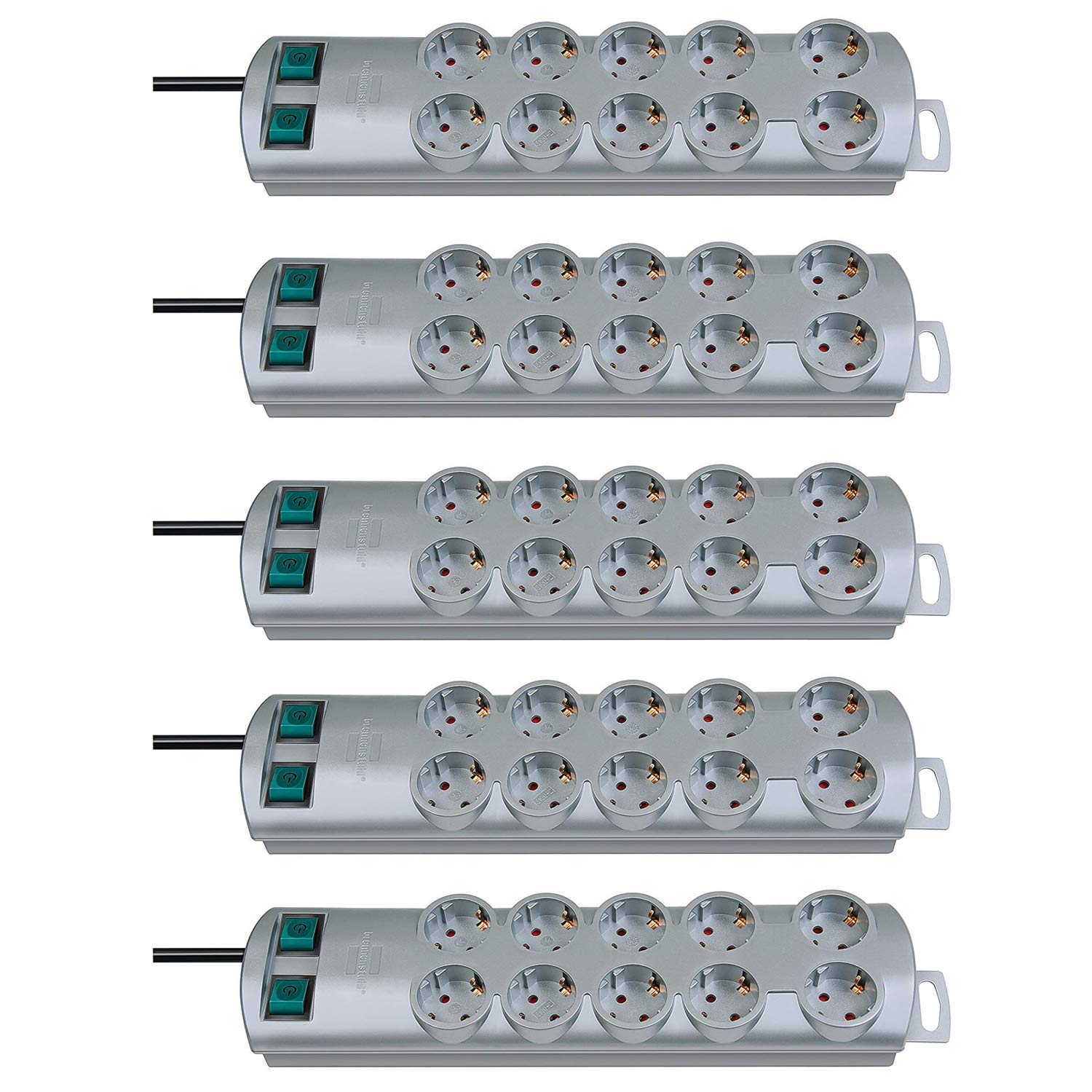 Brennenstuhl Primera Line, Ciabatta elettrica 10 prese (Ciabatta con 2 interruttori per 5 prese e cavo da 2 m) (5 pezzi, argento | 10 prese)