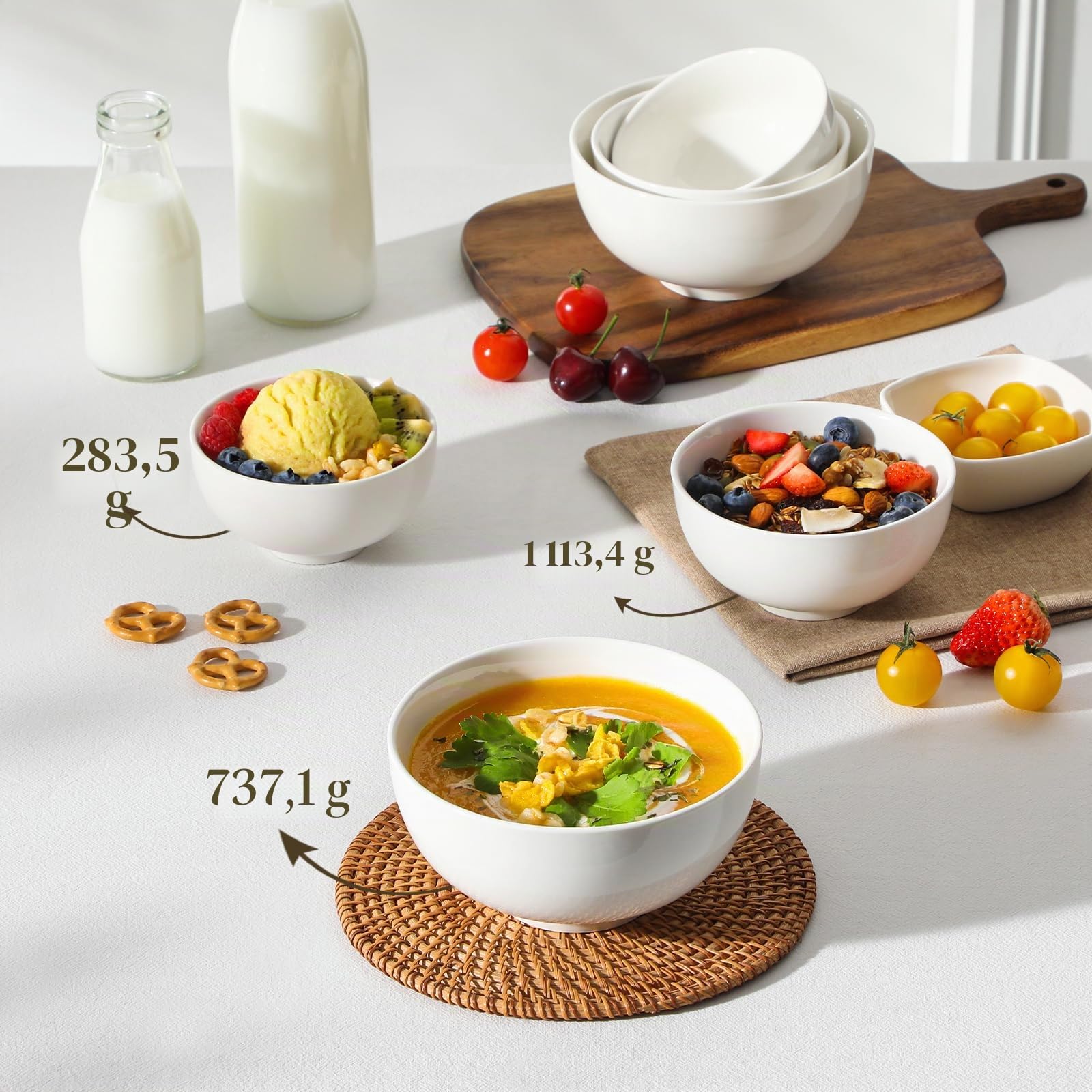 MALACASA Set di 8 Ciotole in Porcellana Bianca da 420 ml, 12,7 x 6,2 cm - Perfette per Cereali, Zuppe, Insalate e Dessert, Ideali per Colazioni e Cene in Famiglia, Adatte al Microonde e Lavastoviglie
