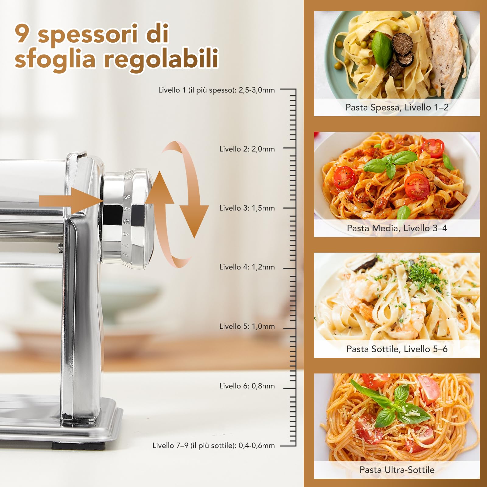 ROSSETTO Macchina per la pasta manuale in acciaio inox 9 spessori regolabili 2 larghezze taglio per lasagne spaghetti fettuccine ravioli