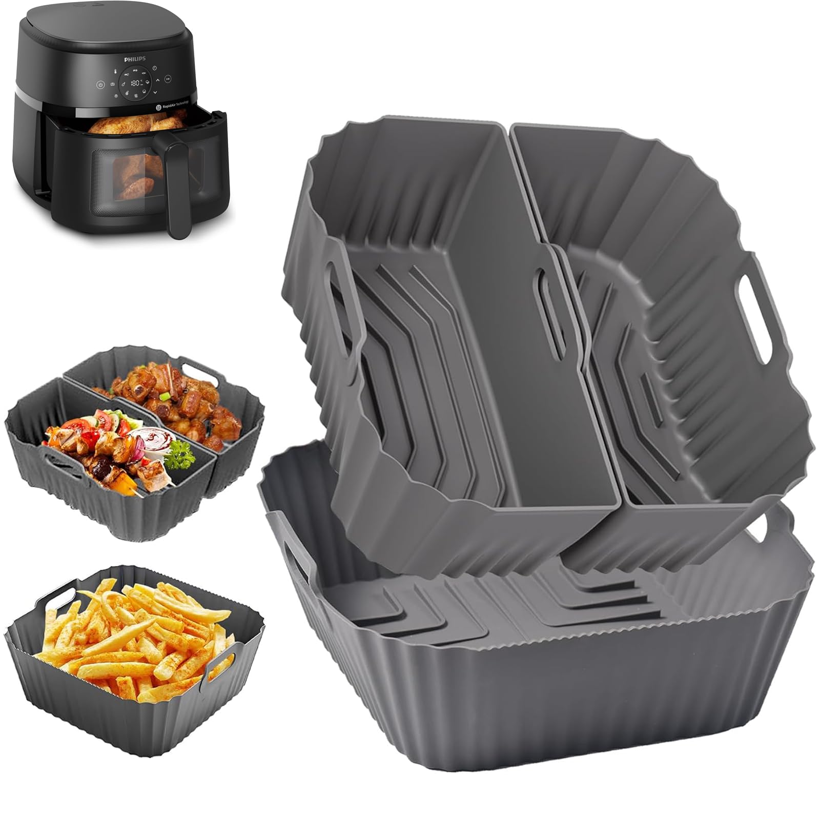 Molde Silicona Freidora de Aire 19-23cm Para Cecotec 5L/5,5L/6L Cosori 4,7L/5,5L/6L/6,4L, Aigostar 6,5L/7L, Reutilizable Cuadrado Airfryer Accessoire para Freidora sin Aceite, Microondas, Horno, Gris