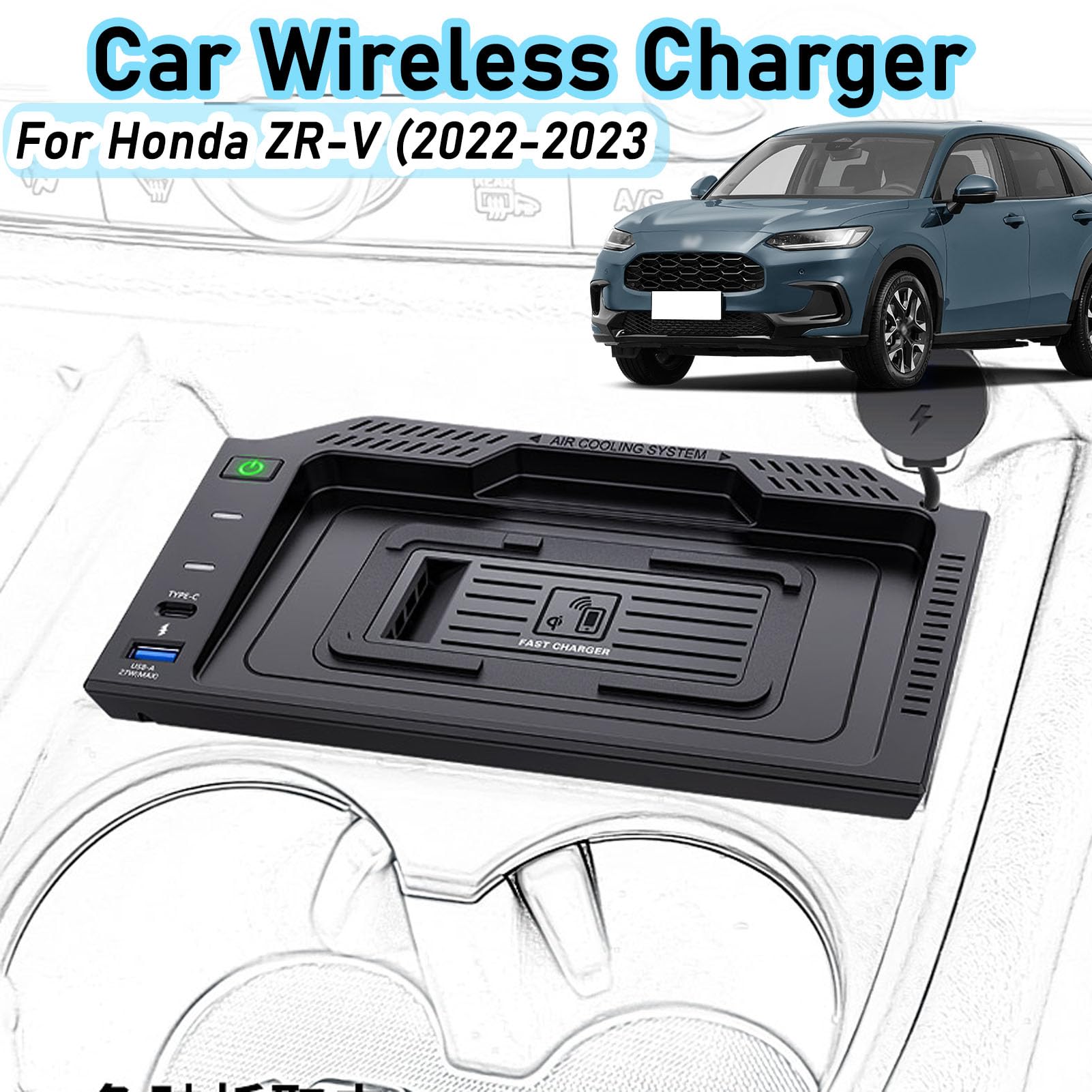 Caricabatterie Wireless per Auto per Hon-da ZR-V Tutti i Modelli Accessorio con 15 W Wireless e 27 W USB Qc3.0 Ricarica Rapida Regalo per la Famiglia