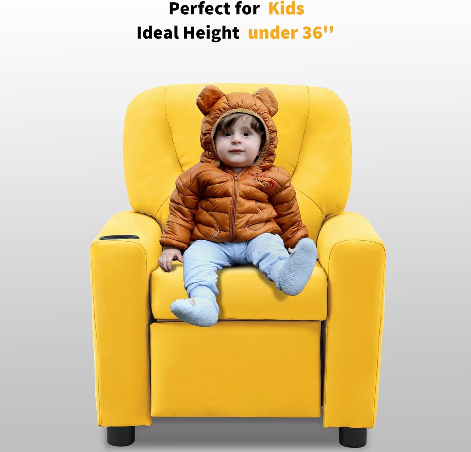 MCombo Kids Recliner Chair with Cup Holders for Boys and Girls Room,Armrest Sofa Couch with Cup Holder for Toddlers,Faux Leather 7240 (Yellow)