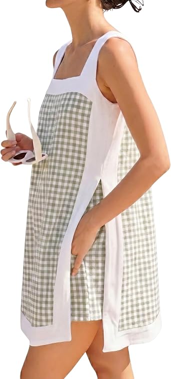 Hooever Womens Gingham Two Piece Outfit Sleeveless Square Neck Top Matching Elastic Waist Shorts Set Summer Casual Dress