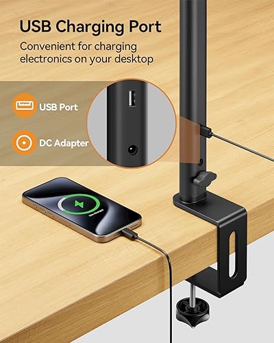 Miniatura 6 de AUSDOM Lámpara LED de escritorio para oficina en casa, luz de trabajo de arquitecto ultra brillante de 24 W con abrazadera y puerto USB, 5 colores y