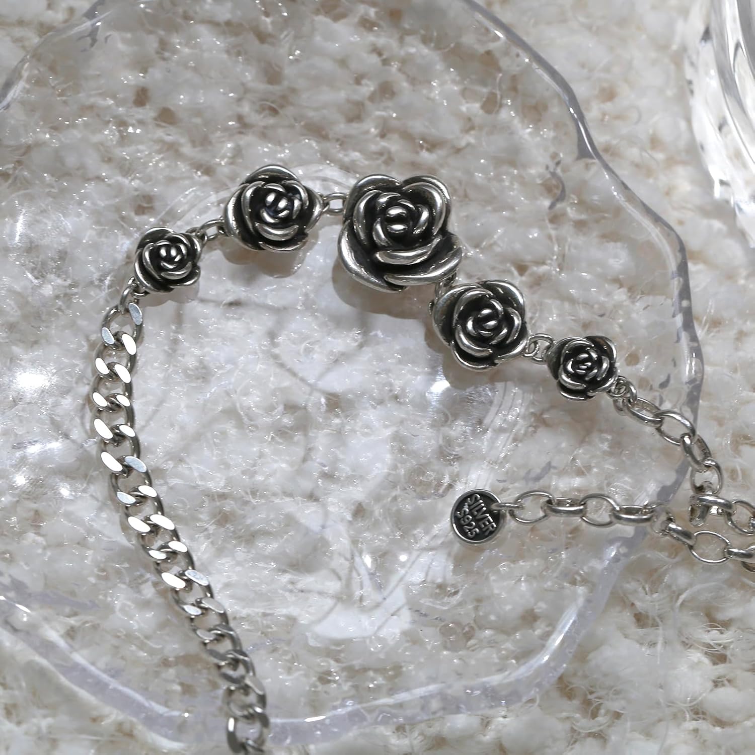 Vintage Rose Flower Link Chain Bracelet Sterling Silver Women Bracelet Stainless Steel Rose Bracelet Jewelry