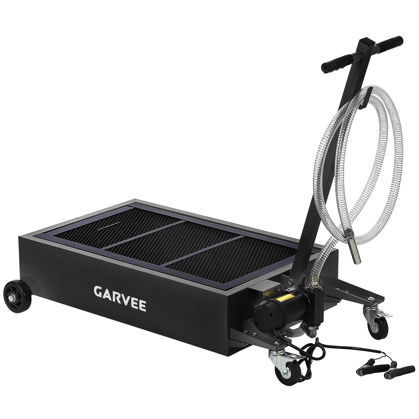 Garvee 20 Gallon Oil Drain Pan Oil Drain Tank with 12V Electric Pump, 76L Low Profile Oil Drain Pan, Oil Change Pan with T Foldable Hand and Wheels, 8FT Hose Oil Drain Cart (Electric Pump-12V-Black)