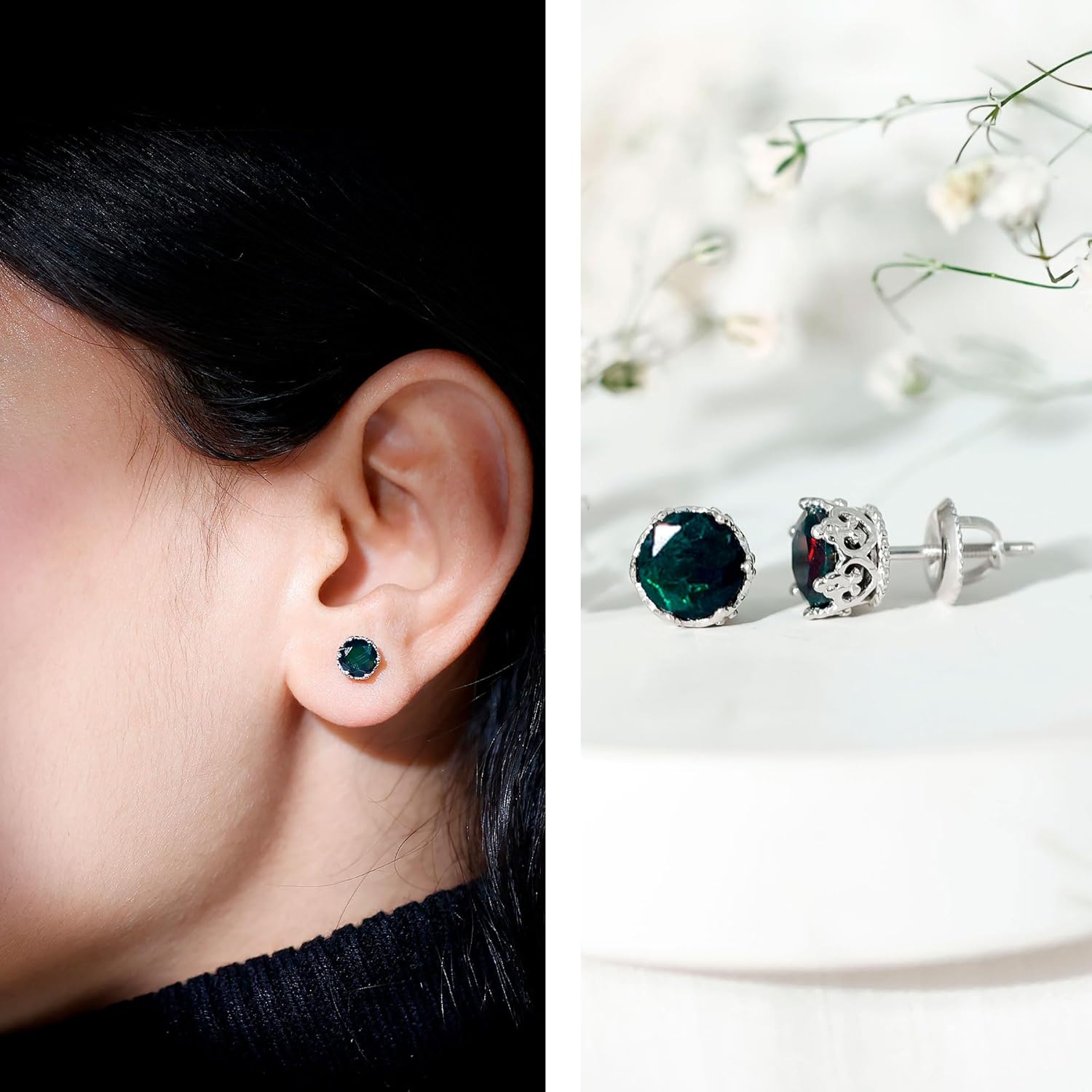 Natural 1.6 Carat Black Opal Stud Earrings in Silver, AAA Quality, Certified Vintage Opal Earrings - Gifts For Women - Image 2