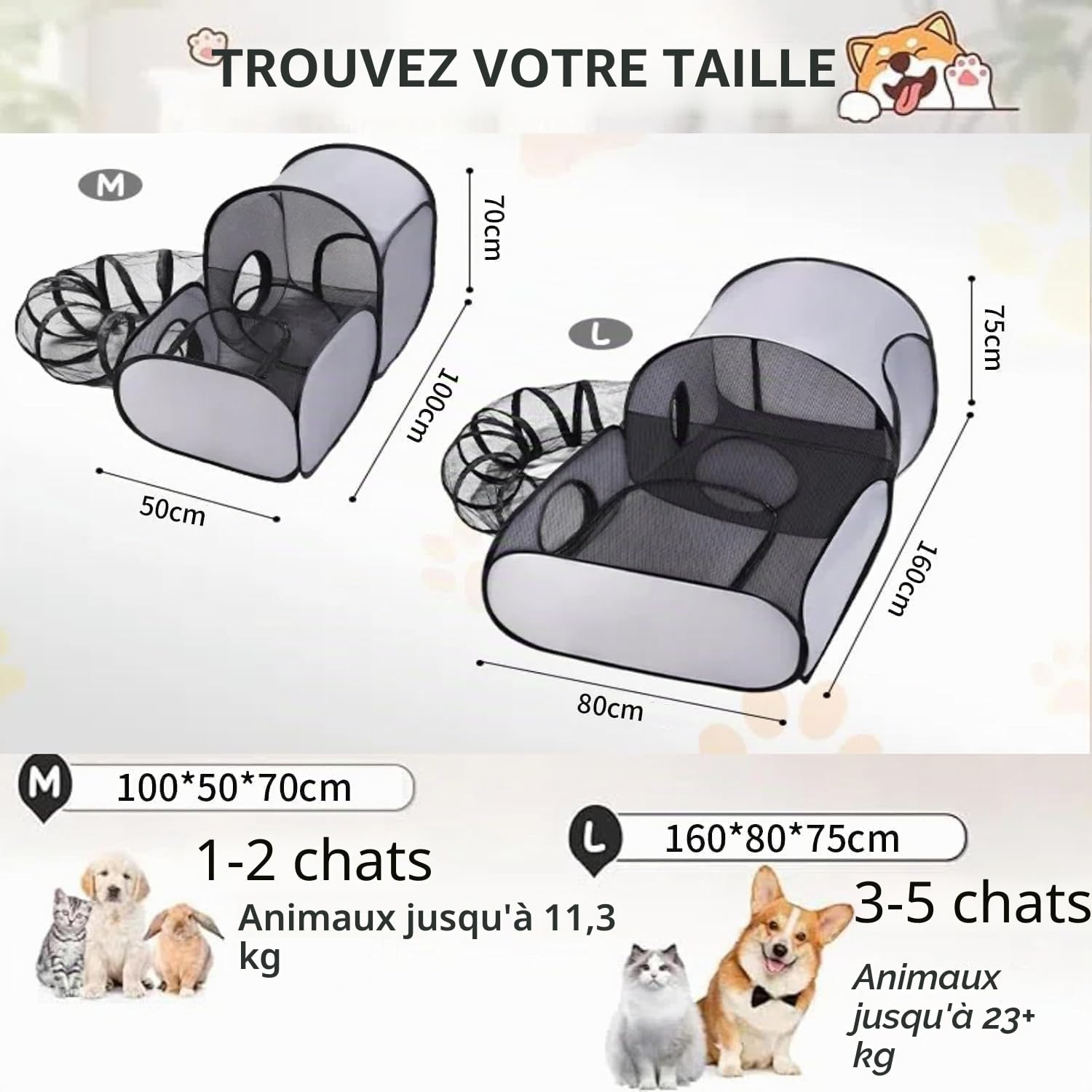 Parc de Jeu Portable pour Animaux avec Tunnel - Tente Pliante pour Chat/Chaton, Maison Interactive légère pour Petits Animaux - Idéale pour Le Domicile, Le Camping et Les Voyages (Medium)
