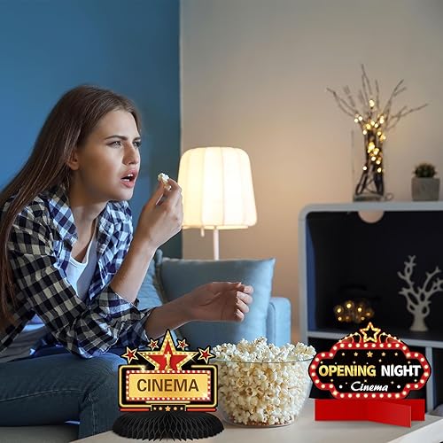 Miniatura 6 de Chinco 12 piezas de decoración de fiesta nocturna de cine, suministros de centro de mesa de panal de abeja 3D, micrófono, boleto, estrella, video,