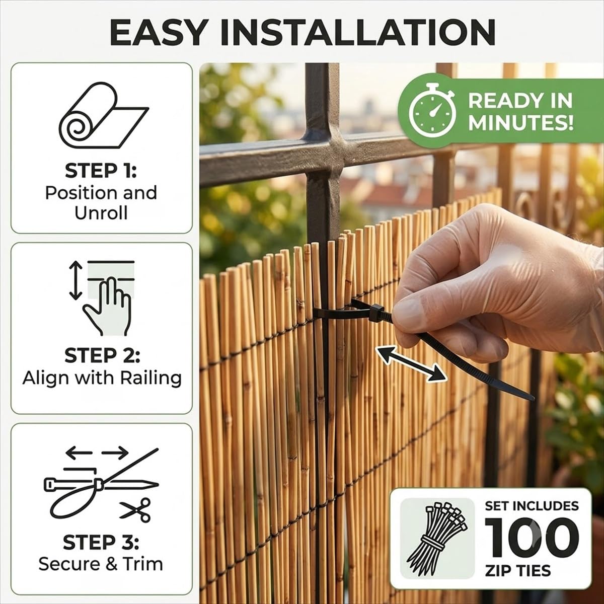 Recinzione Canniccio Pelato Premium, Arella in Canne di Bambù da Esterno, Recinzione Decorativa Giardino Facile da Installare con Filo Metallico, Marrone Recinzione(Natural,H120xL900cm)