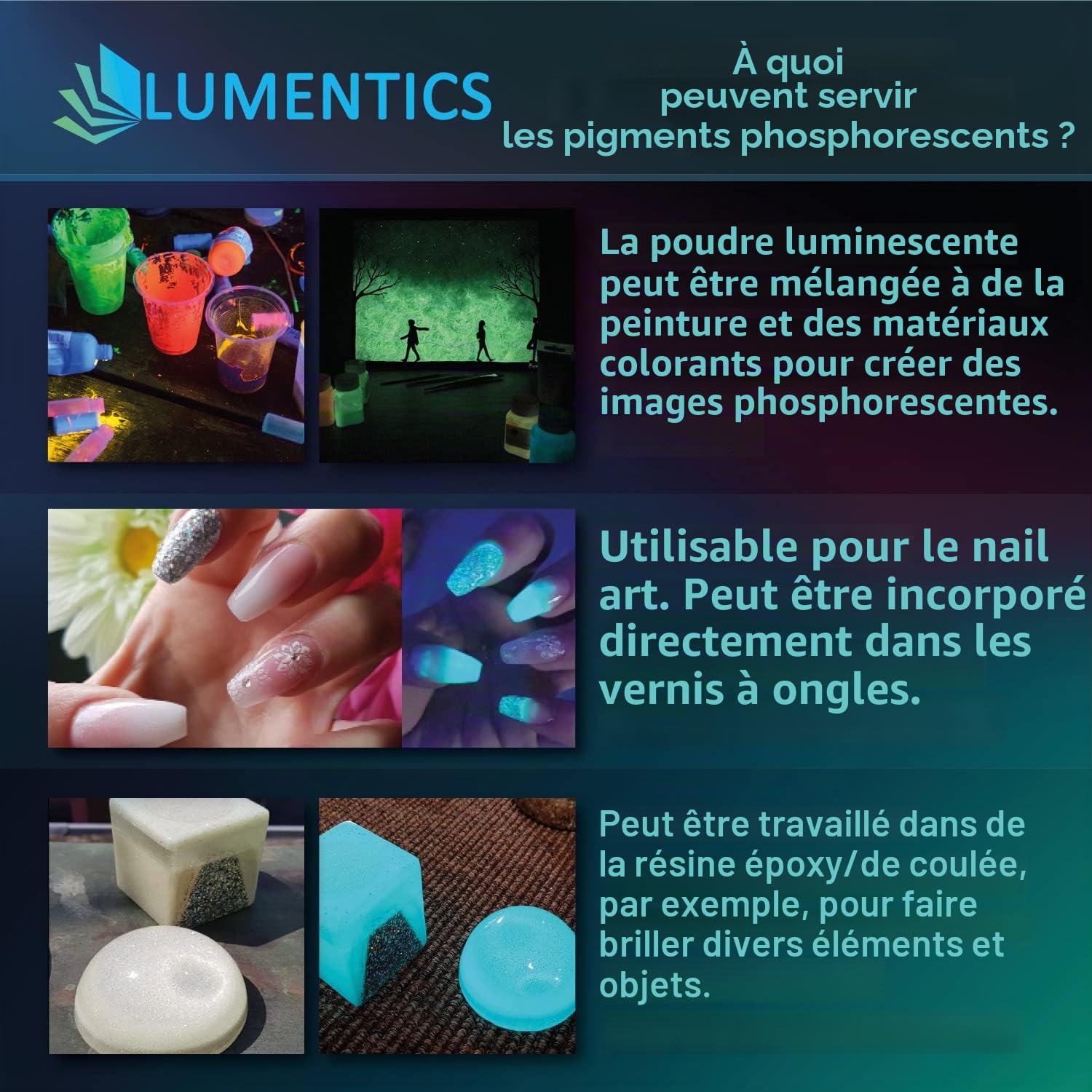 lumentics Pigments luminescents post-luminescents GreenBlue - Poudre phosphorescente - Poudre phosphorescente - Pigments de couleur noire phosphorescents (40 g, vert-bleu)