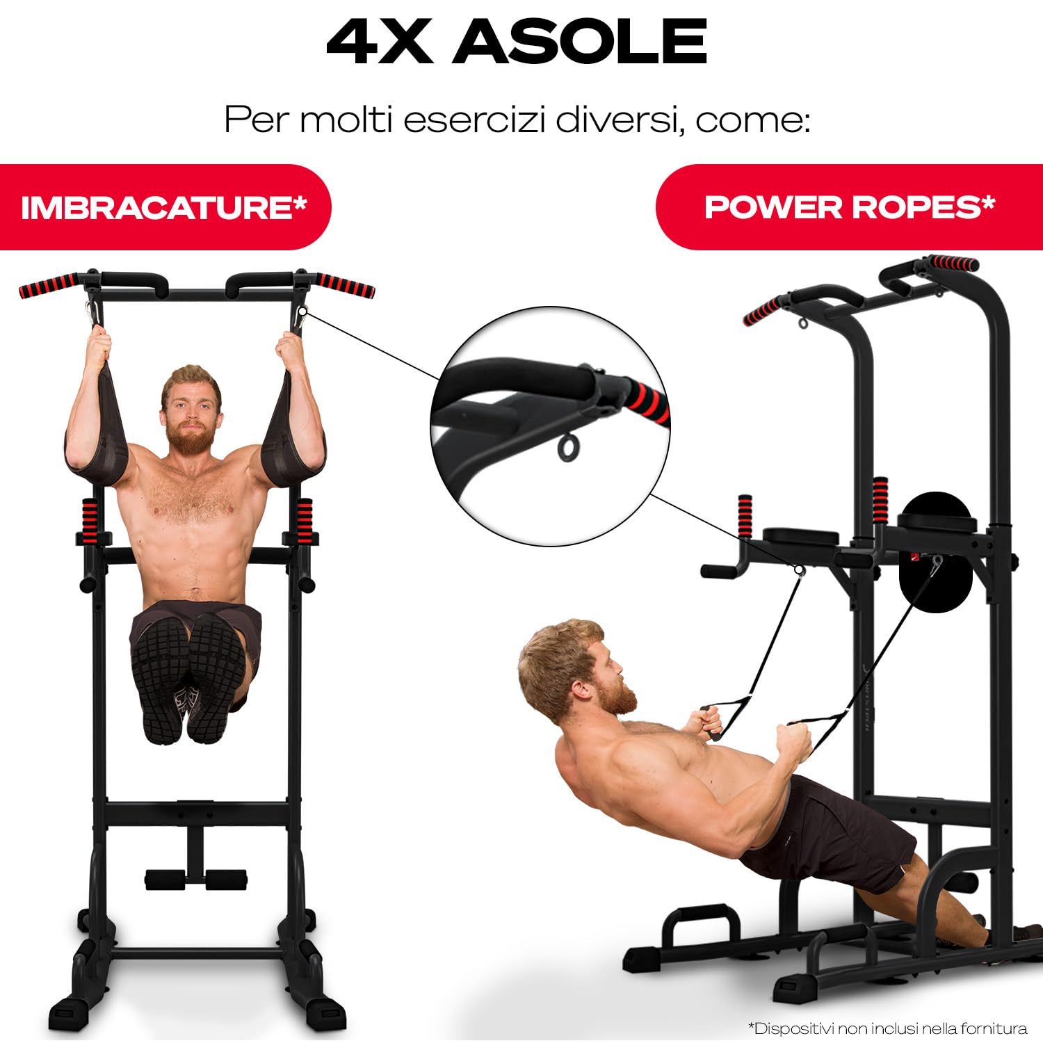 Sportstech Power Tower PT300 | Stazione di allenamento multifunzionale 7 in 1 | Torre per bodybuilding per trazioni e dip | Impugnature per flessioni + Anelli per corde di resistenza e sospensione