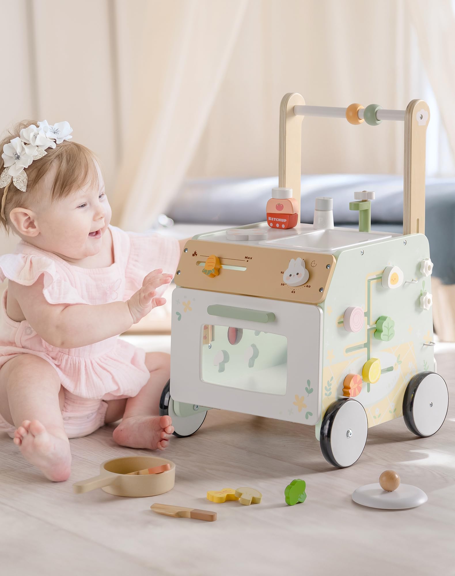 ROBOTIME Jouet en bois pour bébé avec ensemble de jeu de cuisine, cube d'activités 2 en 1 pour tout-petits, jouet éducatif d'apprentissage précoce, hauteur réglable et contrôle de la vitesse, cadeau