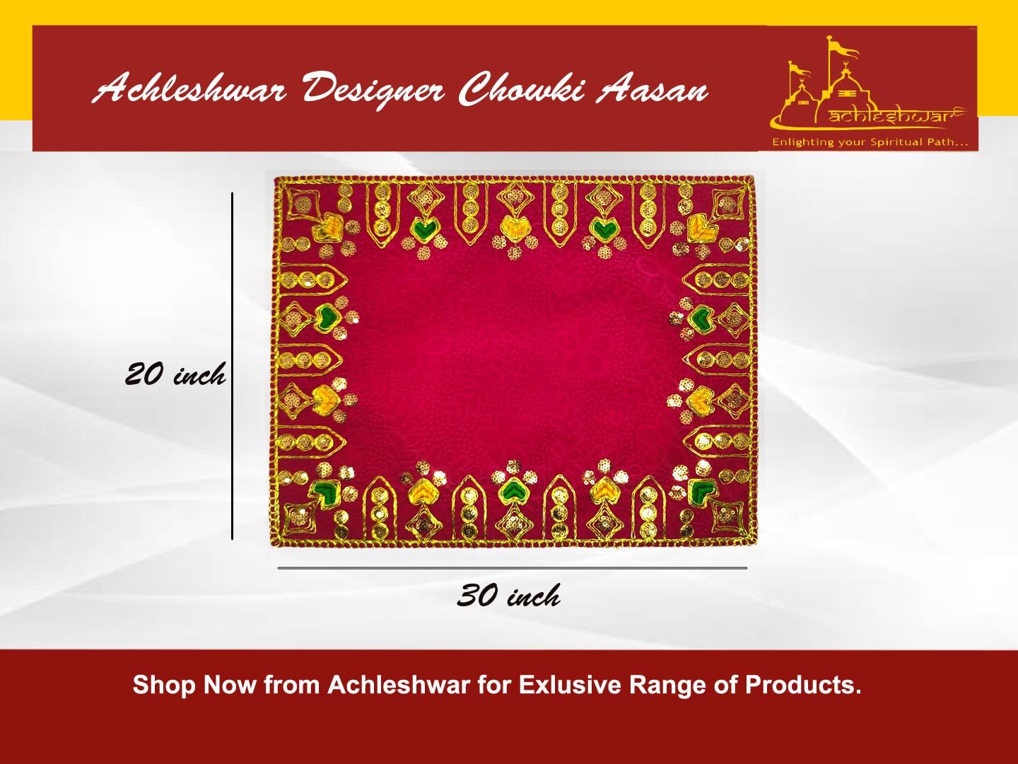 Achleshwar Designer Velvet Embroidered Pooja Aasan Cloth 20X30 inch RED | Chowki Aasan for God Idol | Mandir Table Altar Cover for Temple, Puja Shelf, Diwali Decoration Pack 0f 1 1