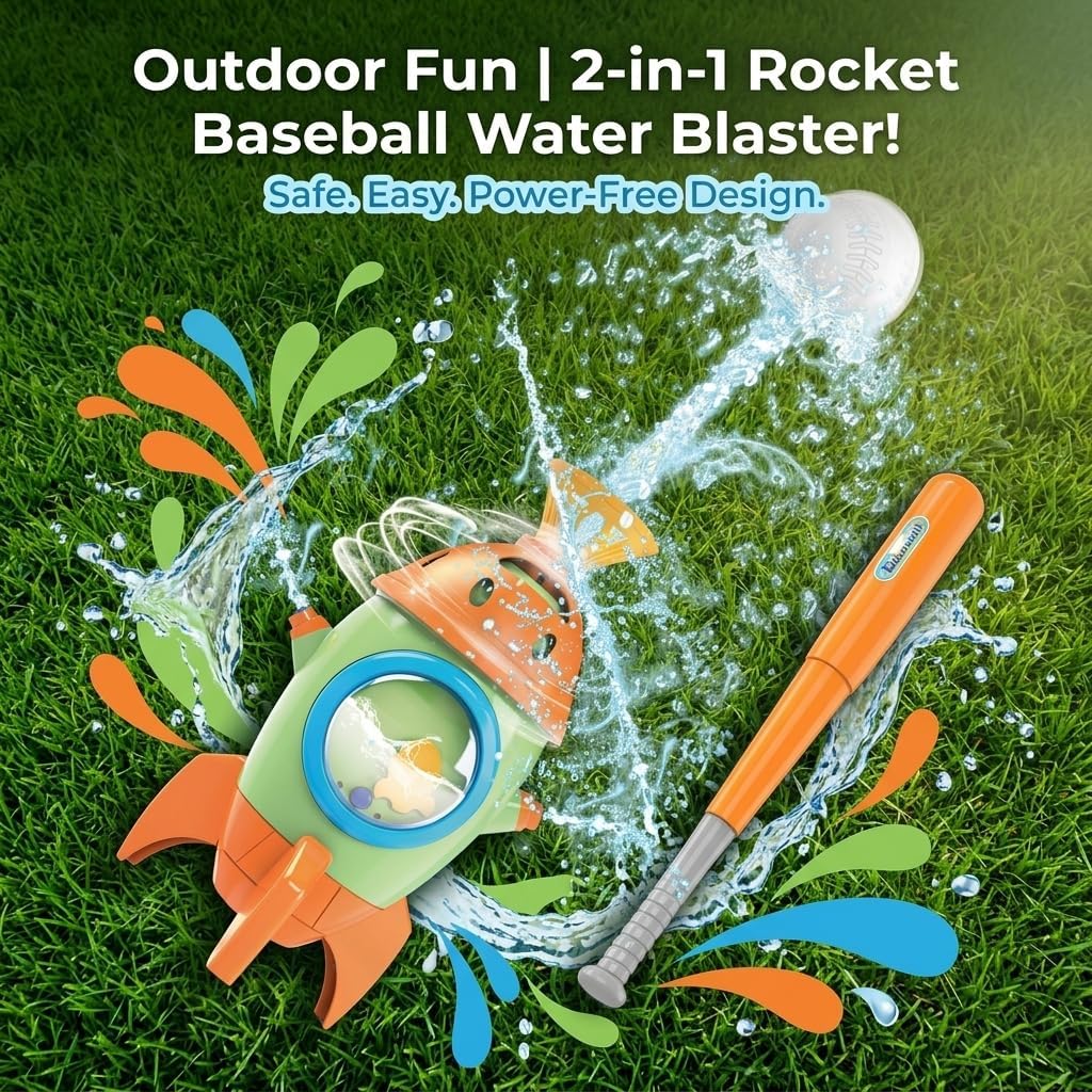 Rocket Water Sprinklers T Ball Set & Water Ball Toy (Orange), Kids Water Spray Toy for Backyard Outdoor Summer Games, Outside Water Play Toys for Boys Girls Toddlers Ages 3-8