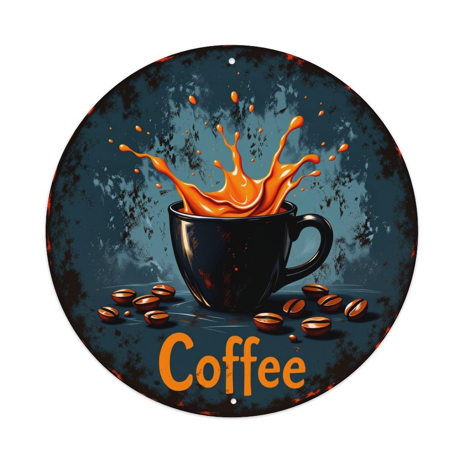 Coffee Splash Cup Beans Art Vintage Metal Tin Sign Retro Wall Decor for Home Bar Garage Cafe, Indoor & Outdoor Decorative，circle Metal Poster, 8x8 Inch