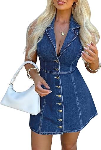 POTILI Denim Dress for Women Sleeveless Mini Jean Dress A-line Denim Romper