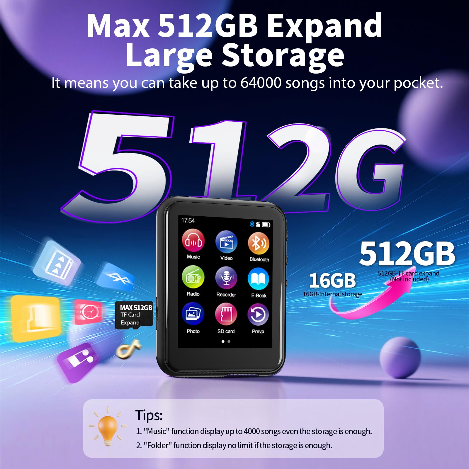Reproductor MP3 Bluetooth 5.3, pantalla táctil de 2,4 pulgadas, radio FM, grabación de voz, sonido Hi-Fi, función de libro electrónico, ampliación de memoria de hasta 512 GB, incluye funda gris