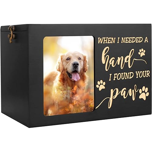 Pet Memorial Urns for Dog or Cat Ashes, Large Wooden Funeral Cremation Urns with Photo Frame, Memorial Keepsake Memory Box with Black Flannel as Lining, Loss Pet Memorial Remembrance Gift
